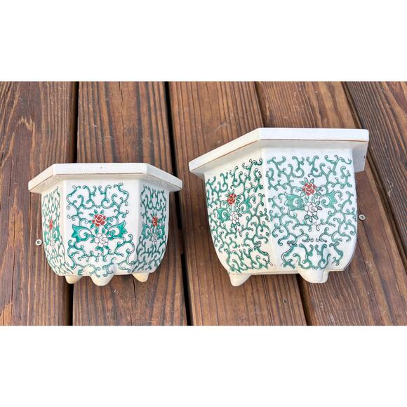Vtg Hand Painted Chinoiserie Style Planter Japan Ceramic Glazed Footed Pot Lot 2